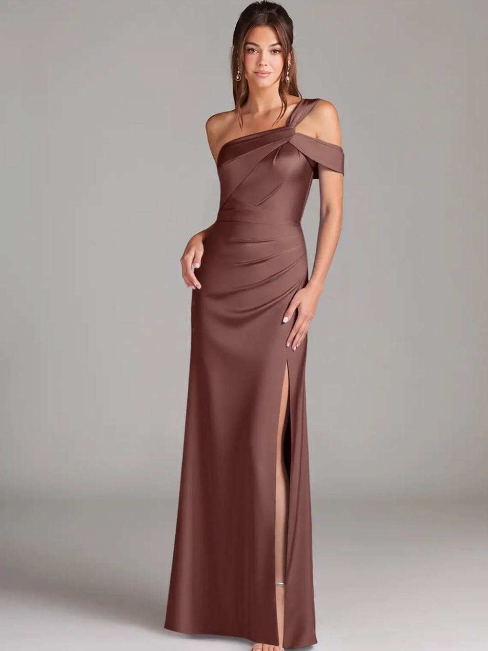 One-Shoulder Satin Evening Gown in Chocolate Brown